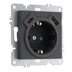 Розетка с заземлением ARVIA Electric, со шторками, 16А 250В, с устройством зарядным USB (A+C) 5В 2.4А, черный матовый софт 50205000301