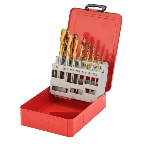 Набор метчиков машинных M3 -M12 HSSE-TiN DIN371/376 (C/2,5P, R15, + сверла) 14пр H-Tools 245053THT