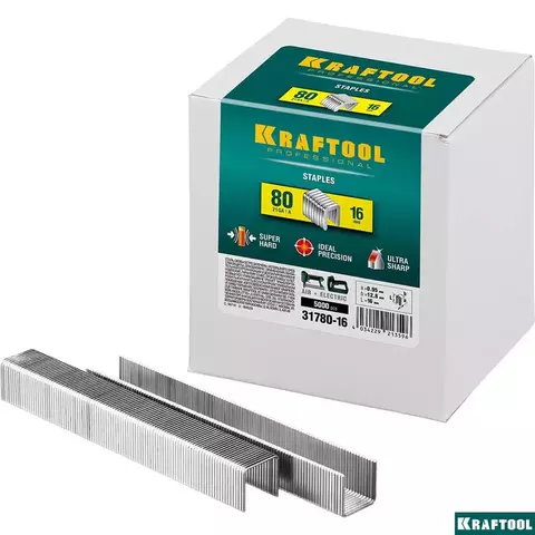 KRAFTOOL скобы тип 80 (BeA/Prebena A/Senco AT), 16 мм, калибр 21GA. 5000 шт (31780-16)
