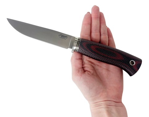 Нож Норт Эксперт, N690, микарта красно-черная насечка, гарда мельхиор, 349.5354