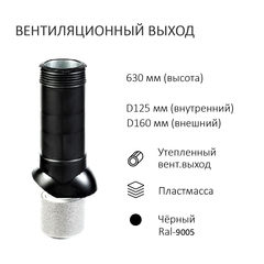 Вентиляционный выход изолированный D125/160 утепленный, высота H=700, чёрный
