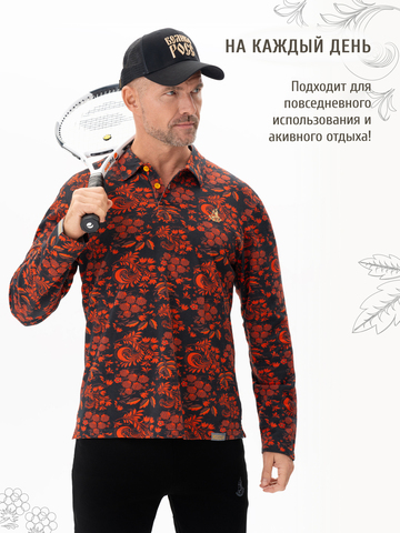 Поло с длинным рукавом «Красная хохлома» мужское