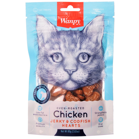 Wanpy Cat лакомство для кошек «сердечки» из курицы с треской 80 г