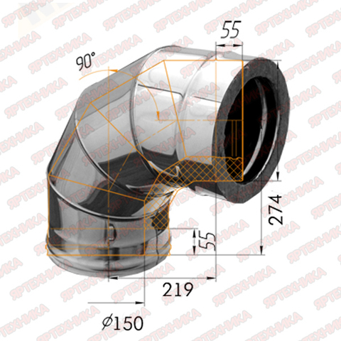 Отвод-сэндвич 90° d150x210мм (430/0,5 мм+оцинк) Ferrum в интернет-магазине ЯрТехника