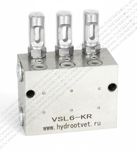 Фото VSL6-KR - Питатель для двухлинейных систем смазки с рабочим давлением 400 бар, количество выходов 6, максимальная доза 5 мл/цикл, с регулятором и индикатором