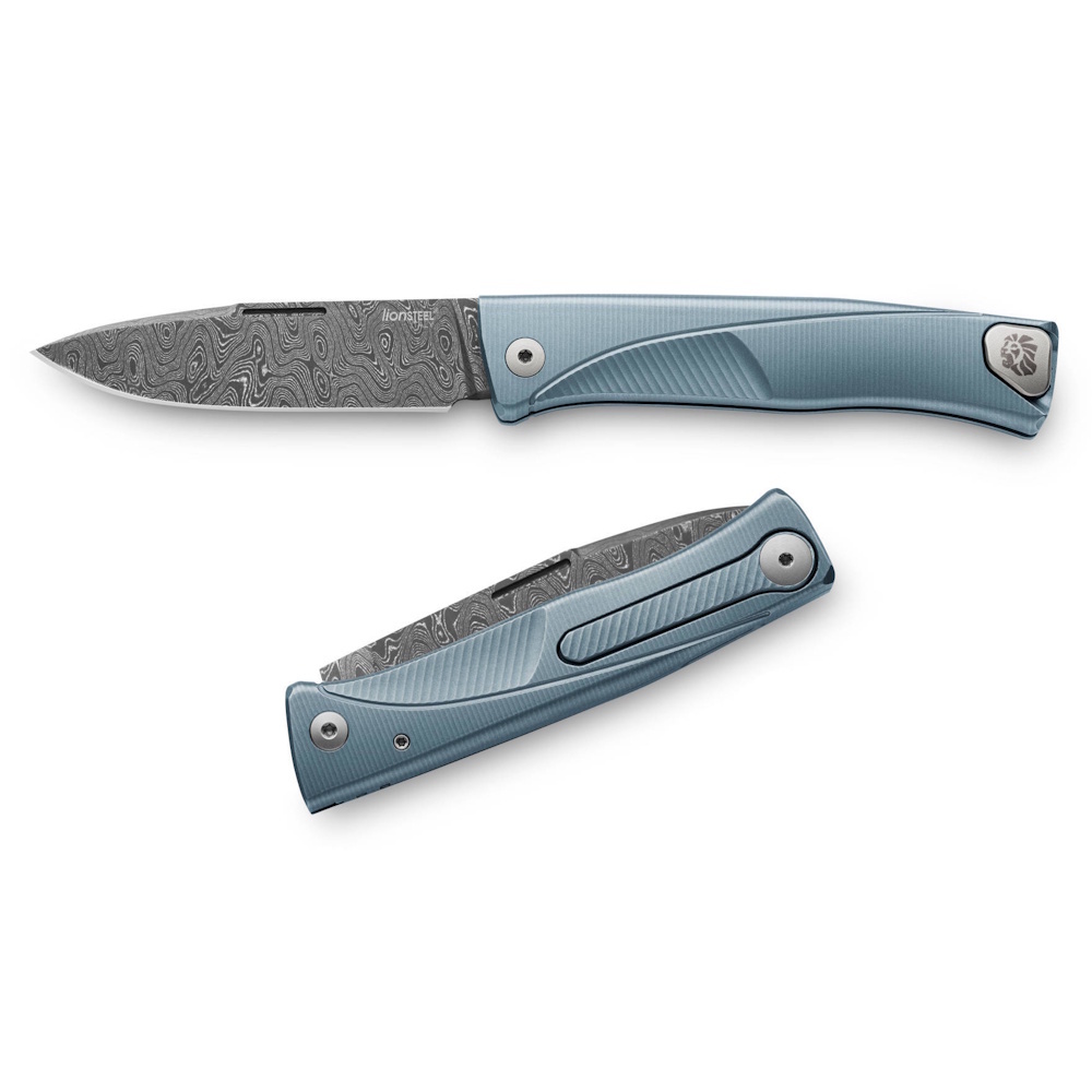 Складной нож LionSteel Thrill, сталь дамаск, рукоять титан, голубой