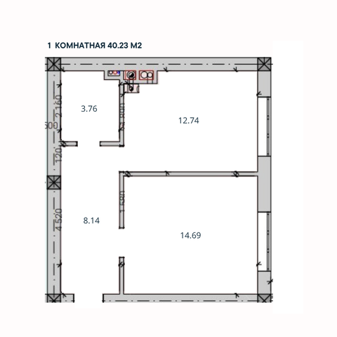 1-комн. квартира, 40,23 м²; 1/3 этаж