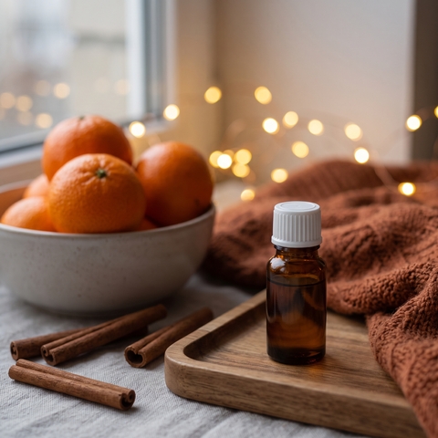 Эфирное масло апельсина Young Living в зимнем интерьере с корицей
