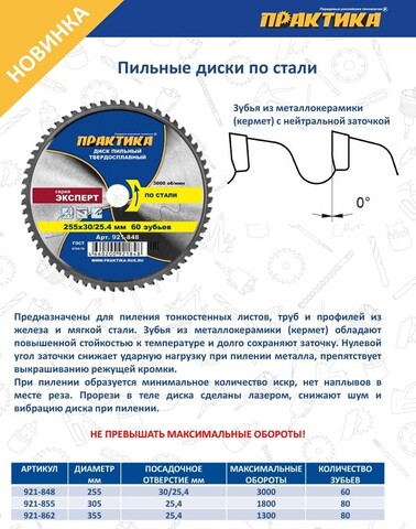 Диск пильный твердосплавный по стали ПРАКТИКА 255 х 30\25,4 мм, 60 зубьев (921-848)