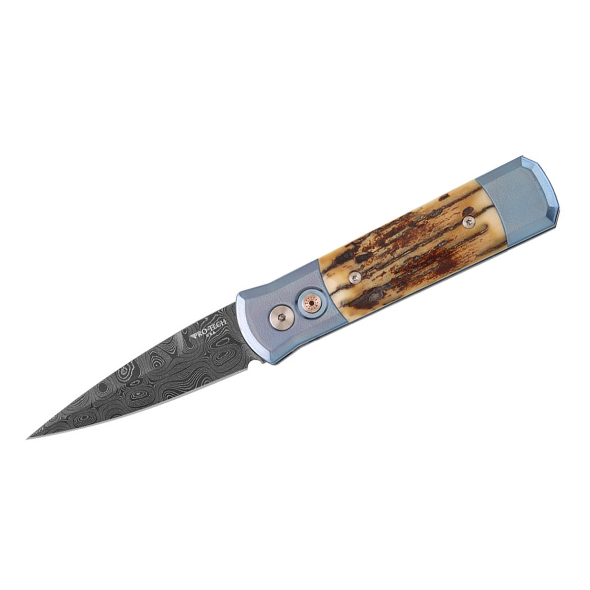 Автоматический нож Pro-Tech Godson Custom 004, сталь Chad Nichols Virus Damascus, рукоять титан/мастодонт, синий