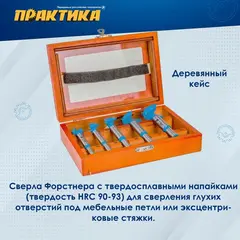 Набор сверл Форстнера ПРАКТИКА 5шт, твердосплавных 15, 20, 25, 30, 35 мм (918-641)