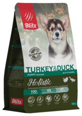 Сухой корм для щенков Blitz Holistic Turkey & Duck Puppy Grain Free и беременных и кормящих сук гипоаллергенный корм для чувствительного пищеварения с индейкой и уткой, 1,5 кг