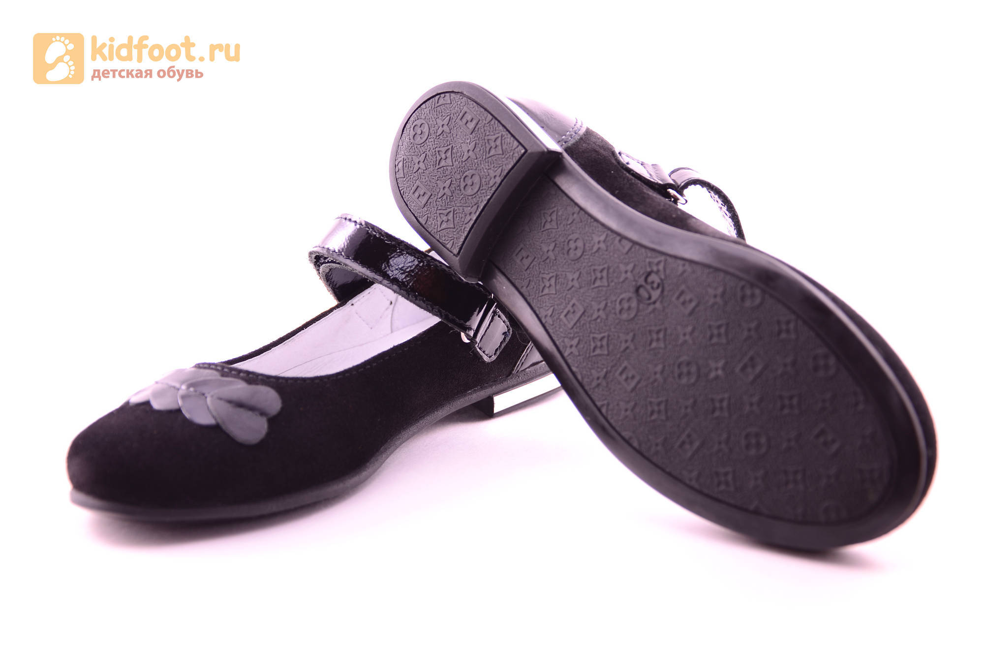 Туфли для девочек из натуральной кожи и велюра на липучке Лель (LEL), цвет черный