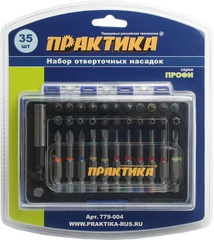 Набор бит ПРАКТИКА Профи  35шт, 25 и 50мм, PH, PZ, SL, Hex, Torx, Tri-Wing, держатель 60 (779-004)