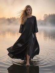 Олана. Платье льняное макси, асимметричное с вышивкой 