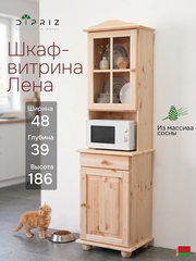 Шкаф-витрина 48х39х186, Лена, однодверный стеклянный, массив сосны / буфет для кухни, в натуральной отделке, Dipriz