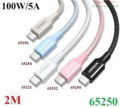 Кабель  UGREEN L502 (65250) USB-C to USB-C PD Fast Charging Braided Cable 5A Max, 2м, черный