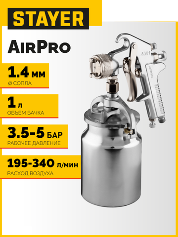 STAYER AirPro S, EA 1.4 мм, пневматический краскопульт с нижним бачком, Professional (06477-1.4)