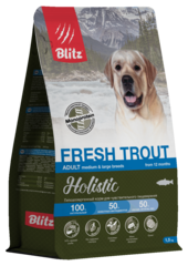 Сухой корм для собак Blitz Holistic Fresh Trout Adult Dog Medium & Large breeds (Monoprotein) монопротеин со свежей форелью для средних и крупных пород гипоаллергенный корм чувствительного пищеварения, 12 кг