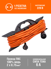 Удлинитель силовой на каркасе, 1 розетка, ПВС 2х0,75мм², 6А, 1,3кВт, б/з, 40м (Very) 89-0-014