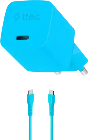 Зарядное устройство TTEC SmartCharger GAN 20W PD USB-C Travel Fast Chargerс каб USB-C 1,2м, неоновый голубой