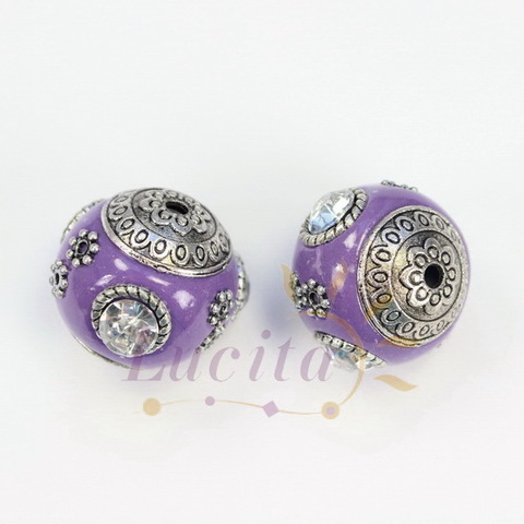 Бусина "Индонезийская" ручной работы фиолетовая с прозрачными стразами, 18 мм