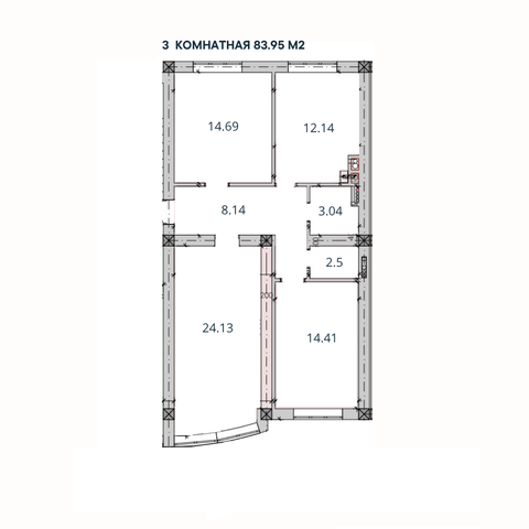 3-комн. квартира, 83,95 м²; 2,3 этаж