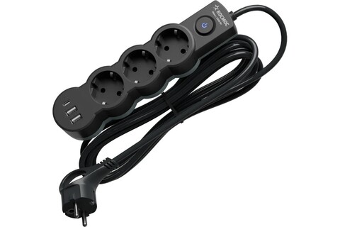 Сетевой фильтр, удлинитель Космос  YKsm3m3g-Z-VU10A-B 3 розетки 3 метра, USB, черный, заземление, выключатель, 10А, 220 вольт, ПВС 3х1, IP20 - купить в компании MAKtorg