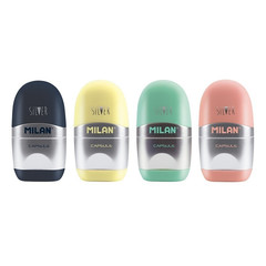 Ластик-точилка Milan CAPSULE SILVER+2 зап.ластика, цв в асс, блистBYM10356