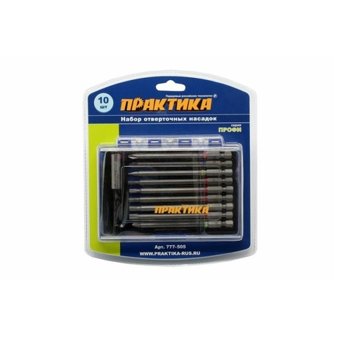 Набор бит ПРАКТИКА Профи  10шт, 100 мм, PH, PZ, SL, Torx, Tri-Wing, держатель 75 мм, кас (777-505)