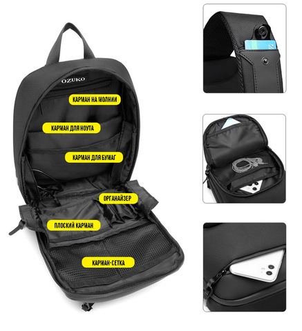Картинка рюкзак однолямочный Ozuko 9516 Black - 10