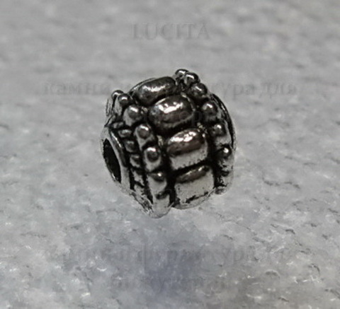 Бусина металлическая, шарик с узором (цвет - античное серебро) 7х7 мм
