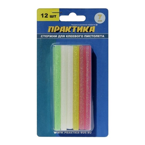 Клей для клеевого пистолета ПРАКТИКА цветной, с блестками, 7 х 100 мм, 12шт / (790-236)