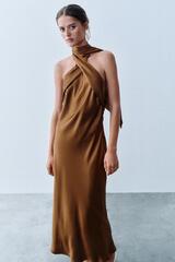 ZARA АТЛАСНОЕ ПЛАТЬЕ МИДИ ХАЛТЕР, КАРАМЕЛЬНЫЙ