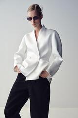ZARA ДВУБОРТНЫЙ АТЛАСНЫЙ БЛЕЙЗЕР, ЖЕЛТОВАТО-БЕЛЫЙ