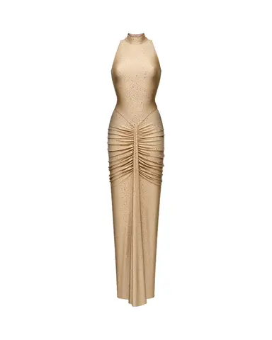 Иви макси (Ivy maxi), платье макси из бежевого бифлекса со стразами
