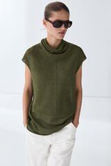 Massimo Dutti Трикотажный топ с высоким драпированным воротником, зеленый