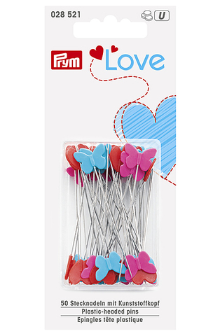 Булавки Prym Love с пластиковыми головками в виде сердечек и бабочек, 50х0,6мм 50 шт