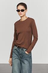 Massimo Dutti ФУТБОЛКА С ДЛИННЫМИ РУКАВАМИ ИЗ 100% ХЛОПКА, КОРИЧНЕВЫЙ