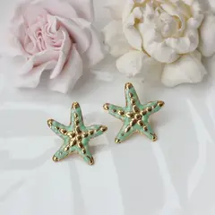 Серьги пусеты Морские звёзды с эмалью, голубой, 28*26 мм, сталь, позолота, СГ047