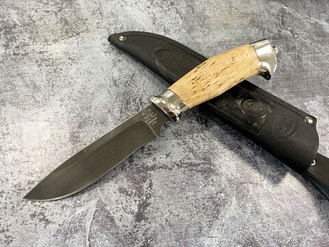Нож Н29, сталь дамасск У10А-7ХНМ, Карельская берёза,Никель,  ЗЗОСС