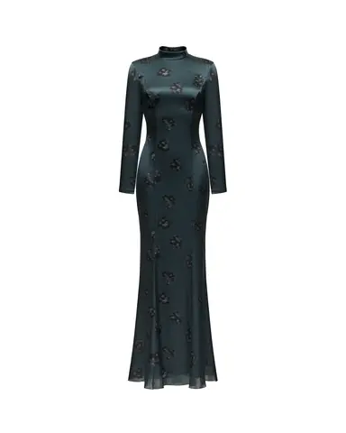 Белла макси (Bella maxi), платье макси из изумрудного атласа с черными цветами