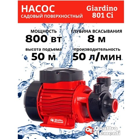 Насос садовый QUATTRO ELEMENTI Giardino 801 Ci (800 Вт, 3000 л/ч, для чистой, 50 м, 8,4 кг) (910-133)