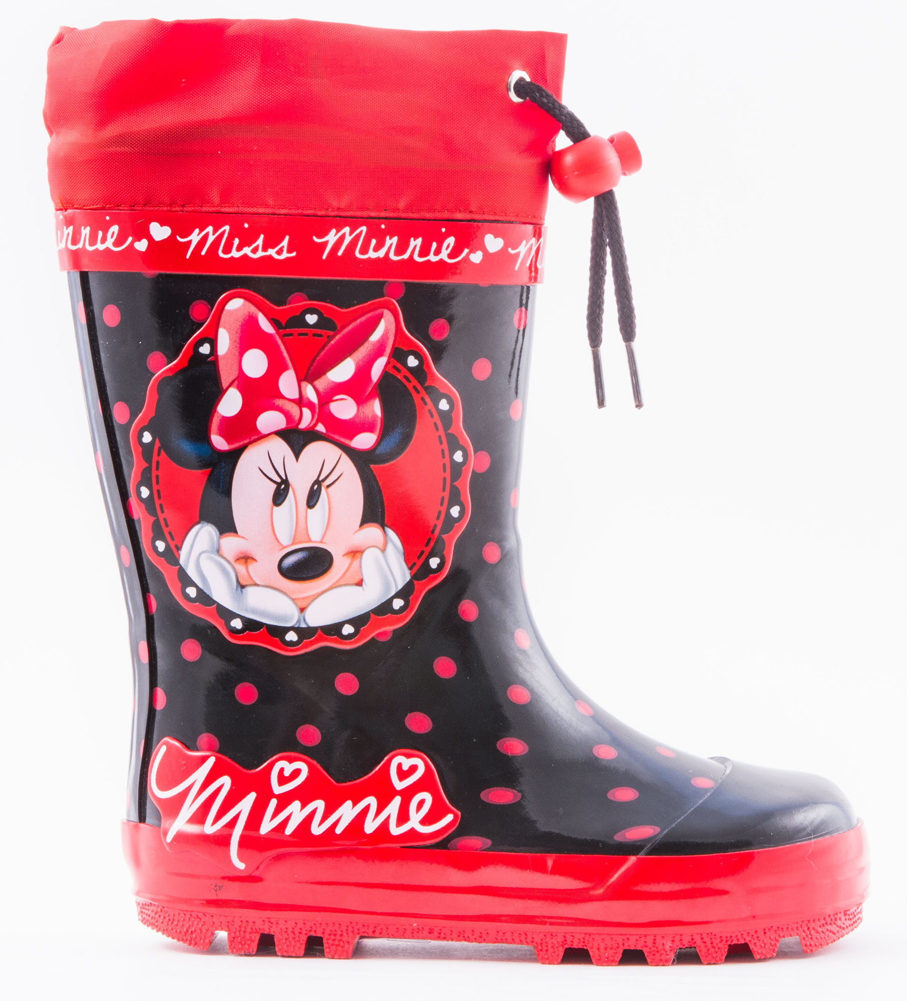 Резиновые сапоги Минни Маус (Minnie Mouse) на шнурках для девочек, цвет черный красный