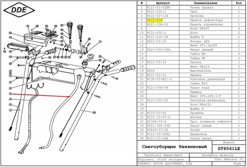 Вал DDE ST6561L / ST6561LE в сборе / ручки управления вращением дефлектора выброса (KC21-21A)