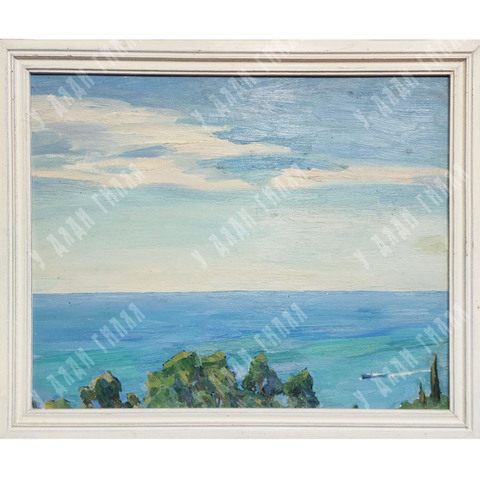 Динес Ю. С. Лодка в море. Пейзаж в голубых тонах. Масло. 1956