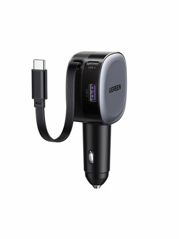 Автозарядка UGREEN EC601 (55653) 75W 2*USB-C PD+USB-A Fast Car Charge выдвижной кабель, серый