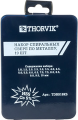 Thorvik TDBS19K5 Набор спиральных сверл по металлу HSS Co в металлическом кейсе, d1.0-10.0 мм, 19 предметов 52898