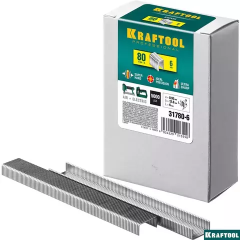 KRAFTOOL скобы тип 80 (BeA/Prebena A/Senco AT), 6 мм, калибр 21GA. 5000 шт (31780-6)