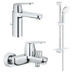 GROHE Eurosmart Cosmopolitan 1000179 Комплект смесителей для раковины, ванны с душевым гарнитуром и полкой, хром фото